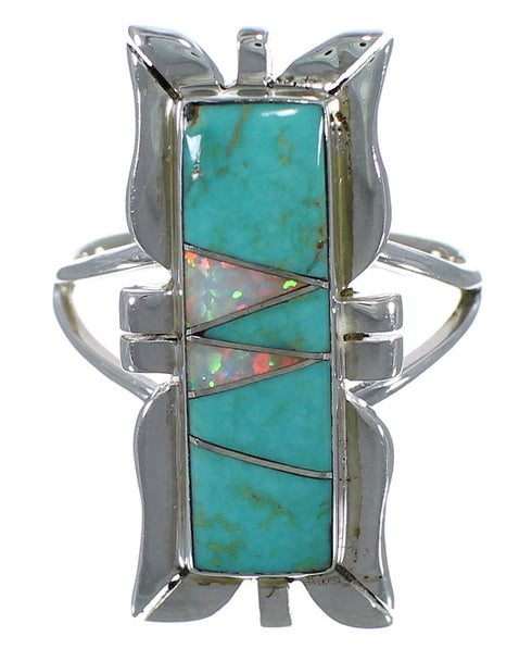 Opal And Turquoise Inlay Sterling Silver Ring Size 8-3/4 AX53833